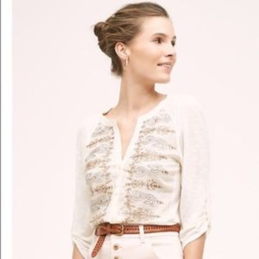 Anthropologie TINY embroidered paisley henley